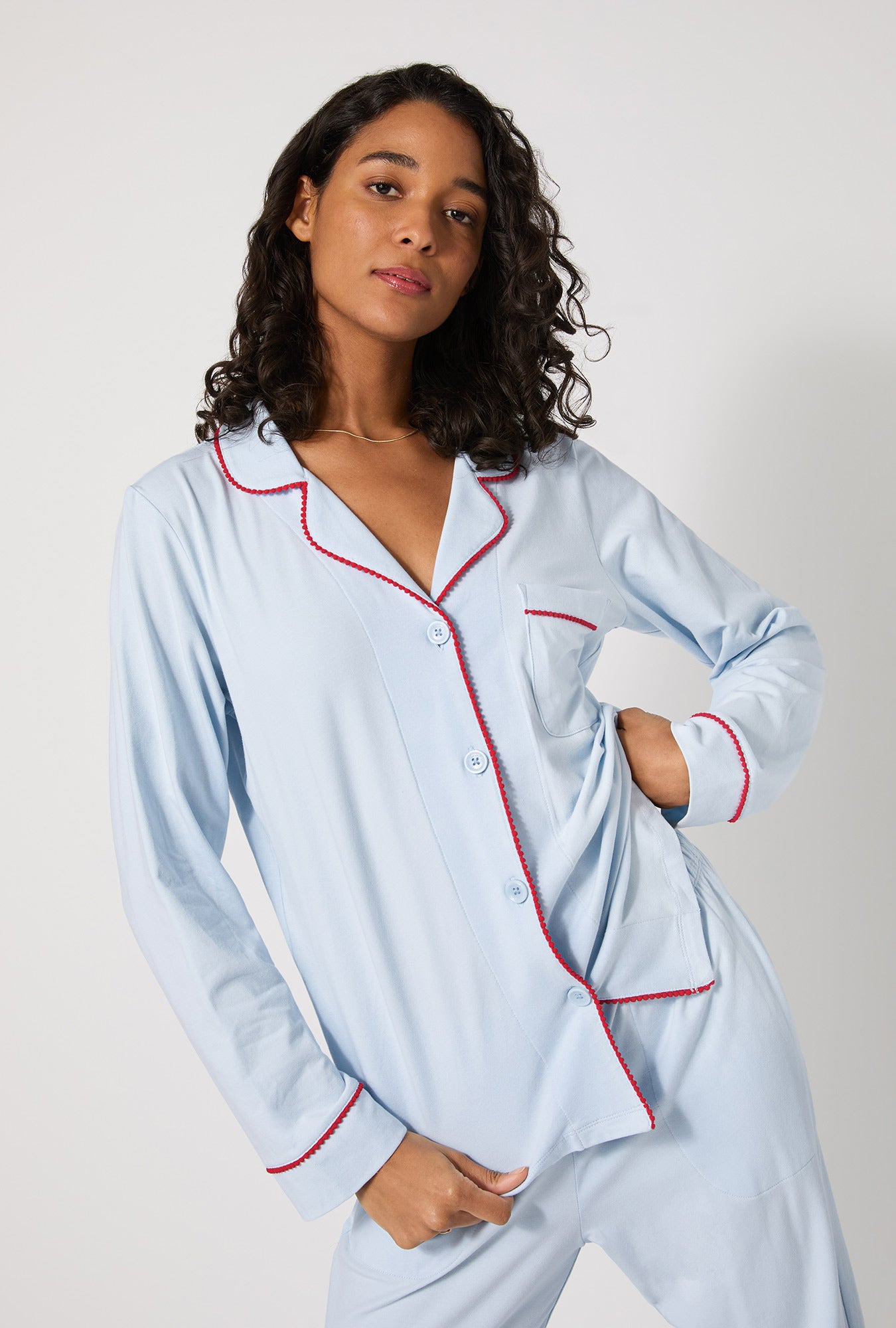 A lady wearing Blissful Blue Long Sleeve Classic Stretch Jersey Pj Set