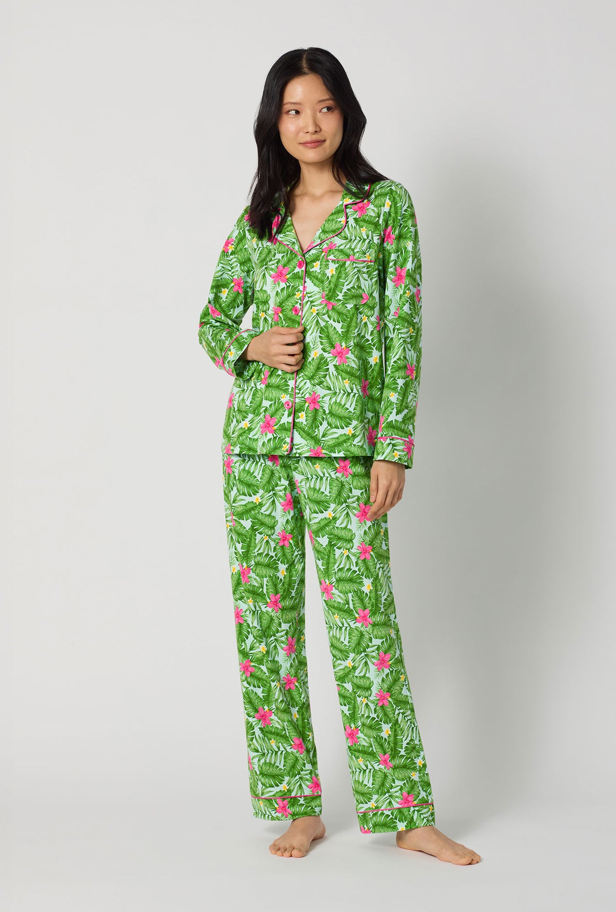 A Lady Wearing Monstera Bloom Long Sleeve Classic Stretch Jersey Pj Set