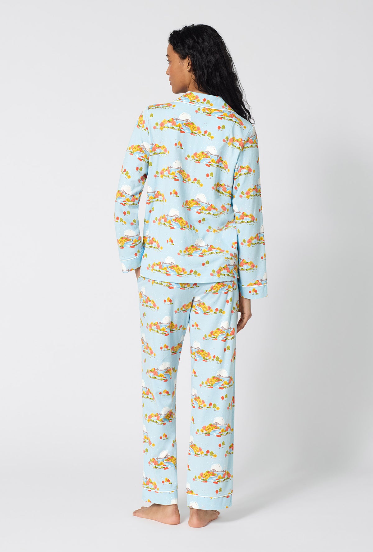 A lady wearing Twilight On The Hudson Long Sleeve Classic Stretch Jersey Pj Set back view