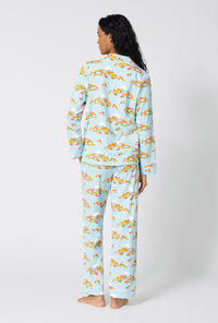 A lady wearing Twilight On The Hudson Long Sleeve Classic Stretch Jersey Pj Set back view