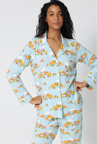 A lady wearing Twilight On The Hudson Long Sleeve Classic Stretch Jersey Pj Set closer look