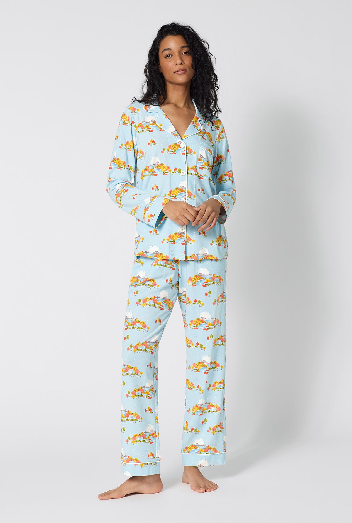 A lady wearing Twilight On The Hudson Long Sleeve Classic Stretch Jersey Pj Set