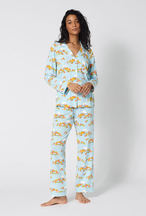 A lady wearing Twilight On The Hudson Long Sleeve Classic Stretch Jersey Pj Set