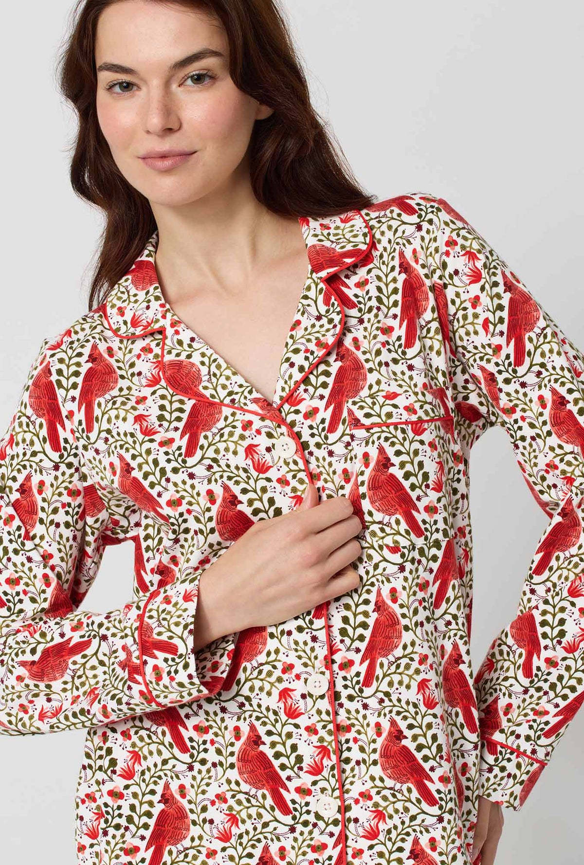 A lady wearing Rifle Paper Co. x BedHead PJs Cardinals Long Sleeve Classic Stretch Jersey Pj Set closer look