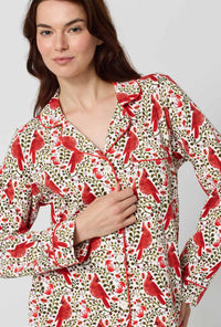 A lady wearing Rifle Paper Co. x BedHead PJs Cardinals Long Sleeve Classic Stretch Jersey Pj Set closer look