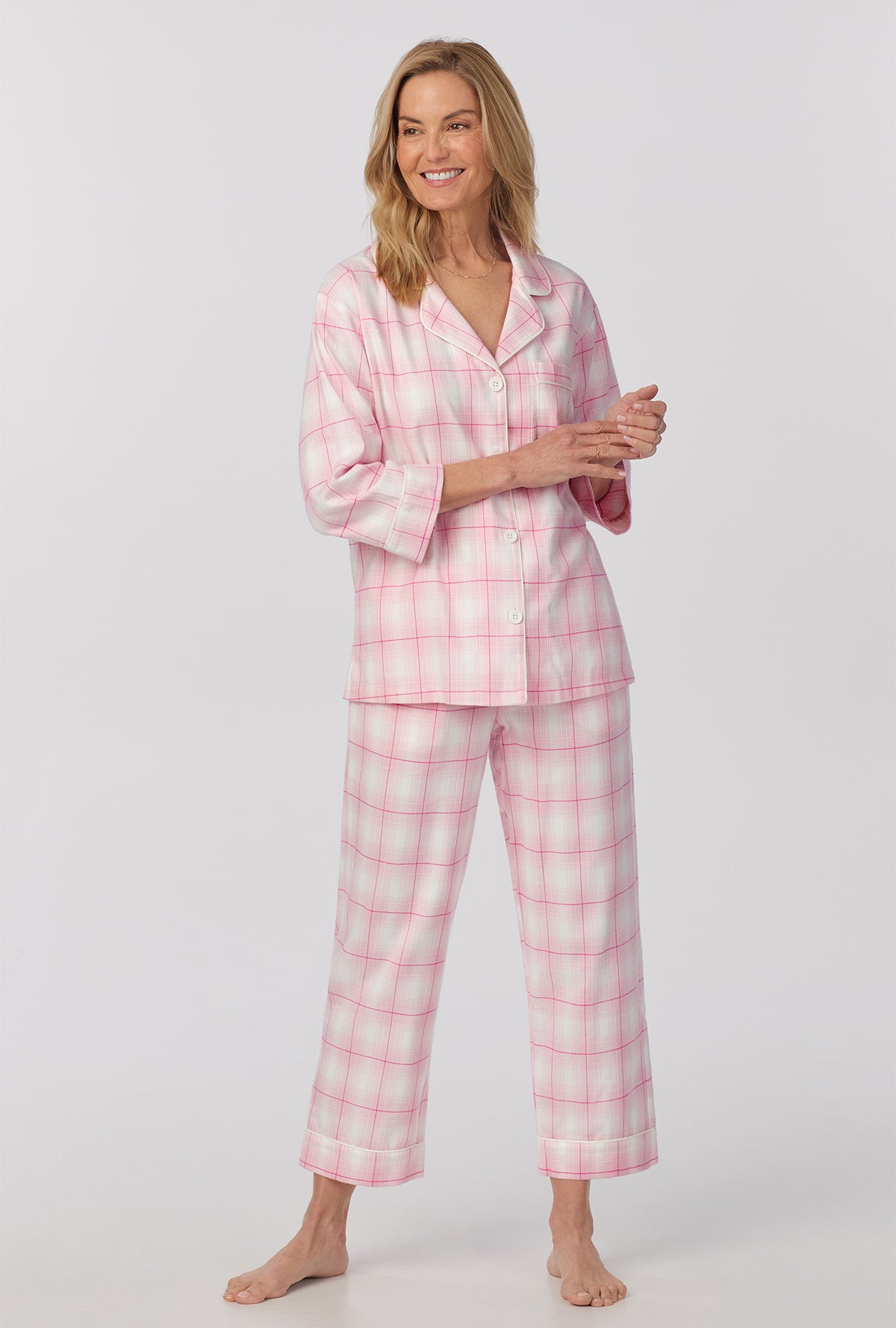 A lady wearing  quarter Sleeve  Classic Woven cotton portuguese flannel Cropped PJ Set with Mountain Plaid print 