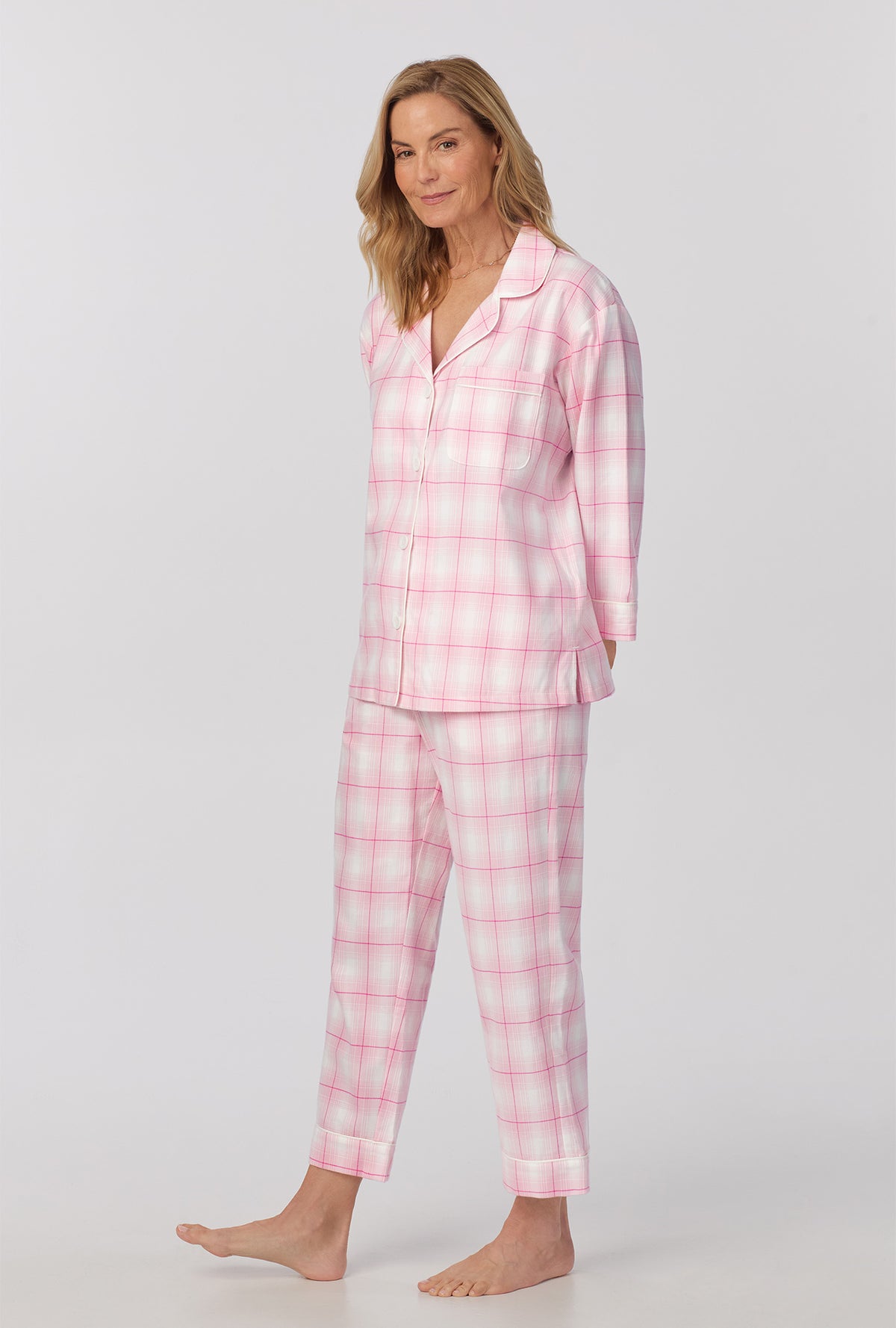 A lady wearing  quarter Sleeve  Classic Woven cotton portuguese flannel Cropped PJ Set with Mountain Plaid print 