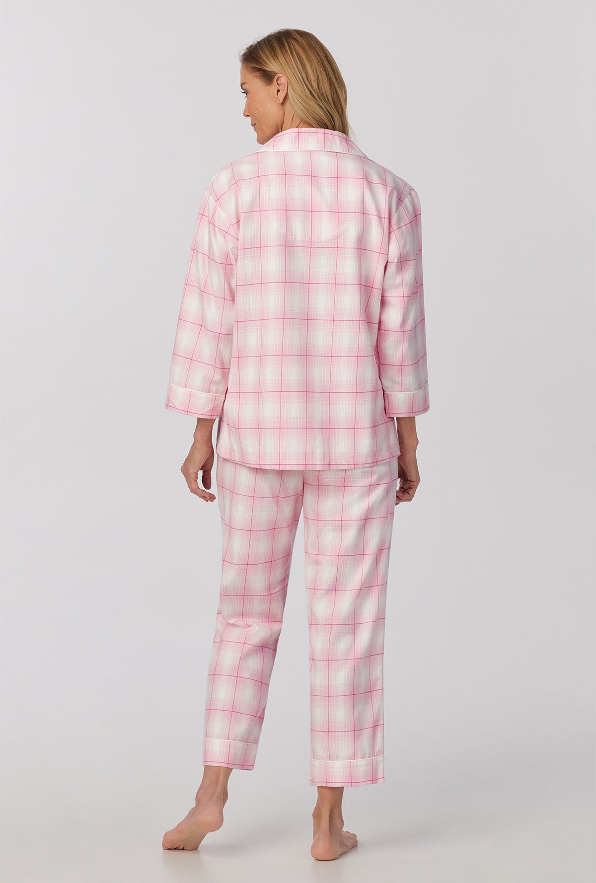 A lady wearing  quarter Sleeve  Classic Woven cotton portuguese flannel Cropped PJ Set with Mountain Plaid print 