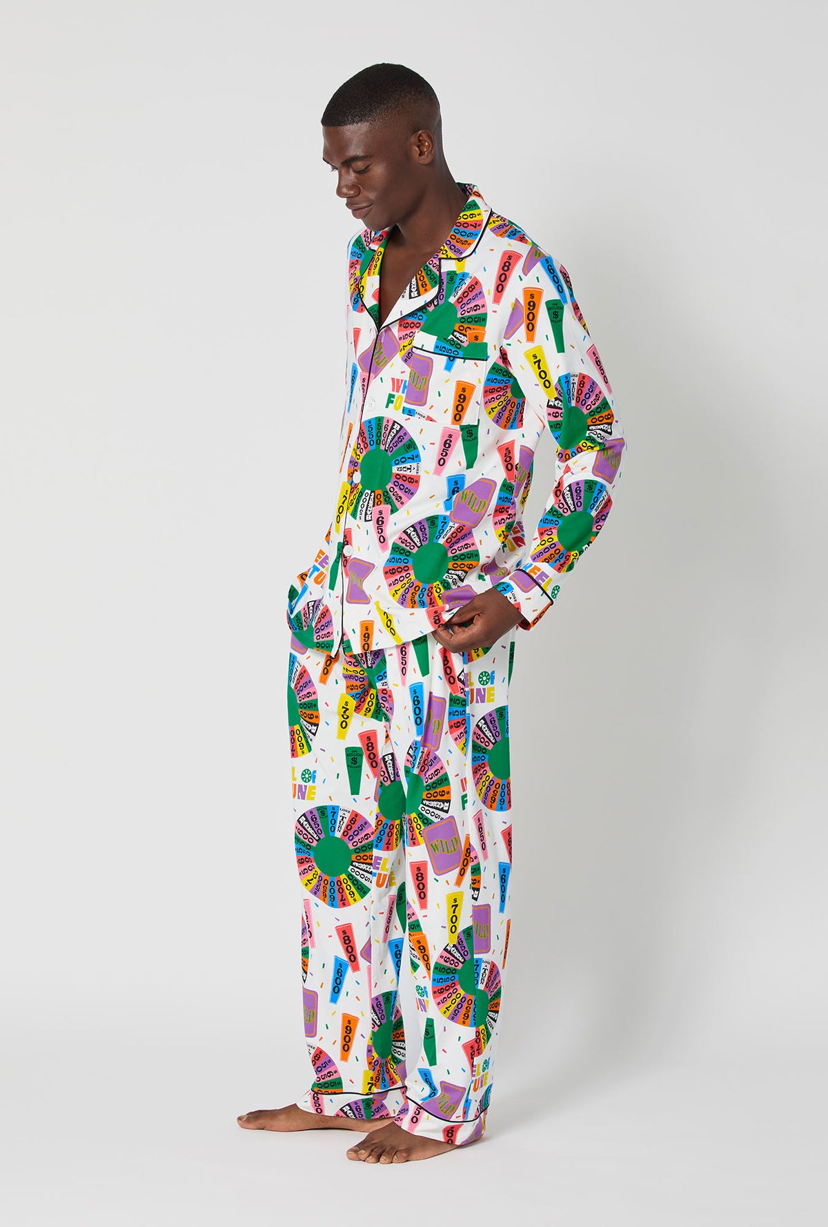 A man wearing Wheel Of Fortune Men&#39;s Long Sleeve Classic Stretch Jersey Pj Set