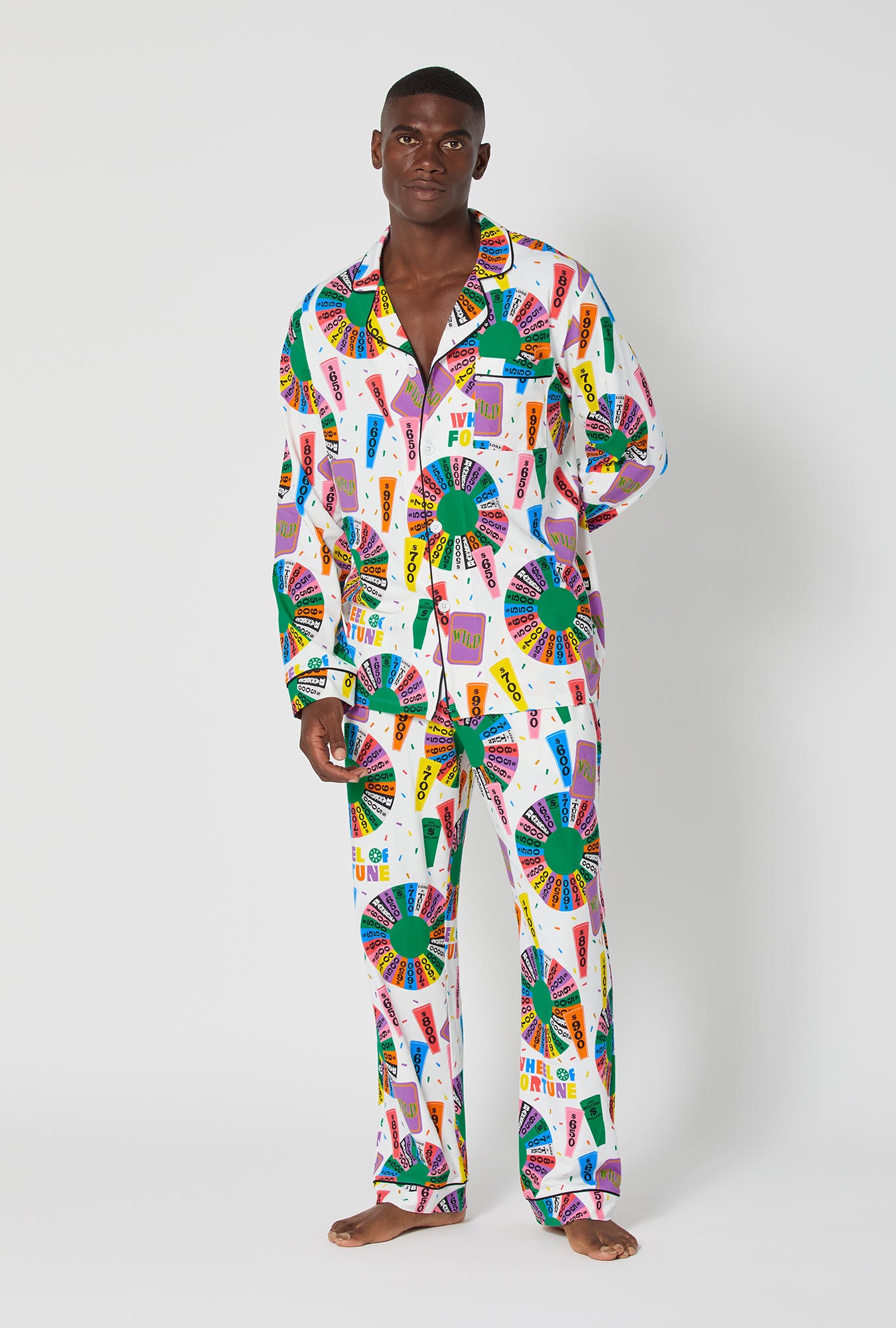 A man wearing Wheel Of Fortune Men's Long Sleeve Classic Stretch Jersey Pj Set