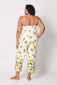 A lady wearing plus size White and  Yellow Cami Stretch Jersey Cropped Pj Set back view