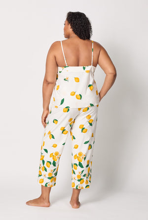 A lady wearing plus size White and  Yellow Cami Stretch Jersey Cropped Pj Set back view