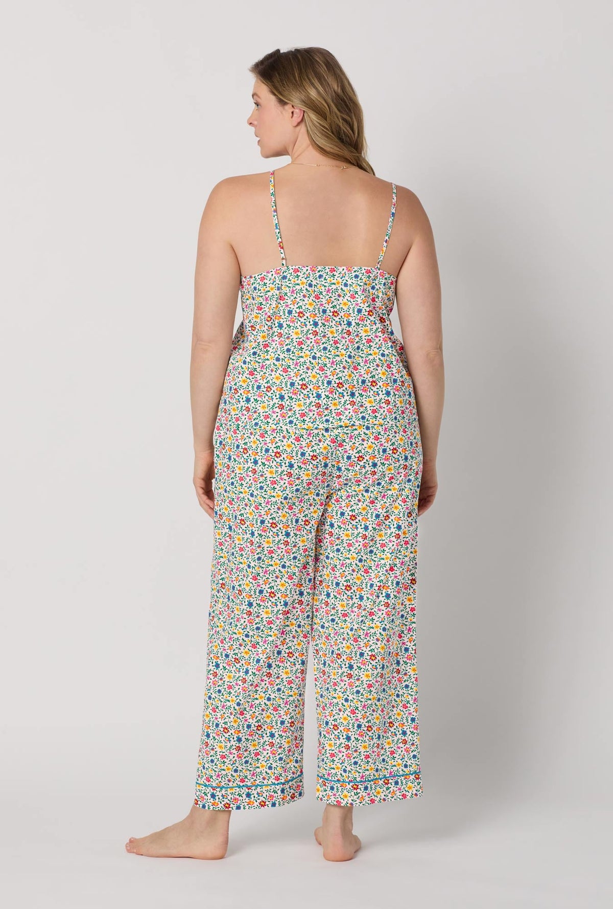 A lady wearing plus size Multi-Color and  Pink Cami Woven Cotton Poplin Cropped Pj Set back view