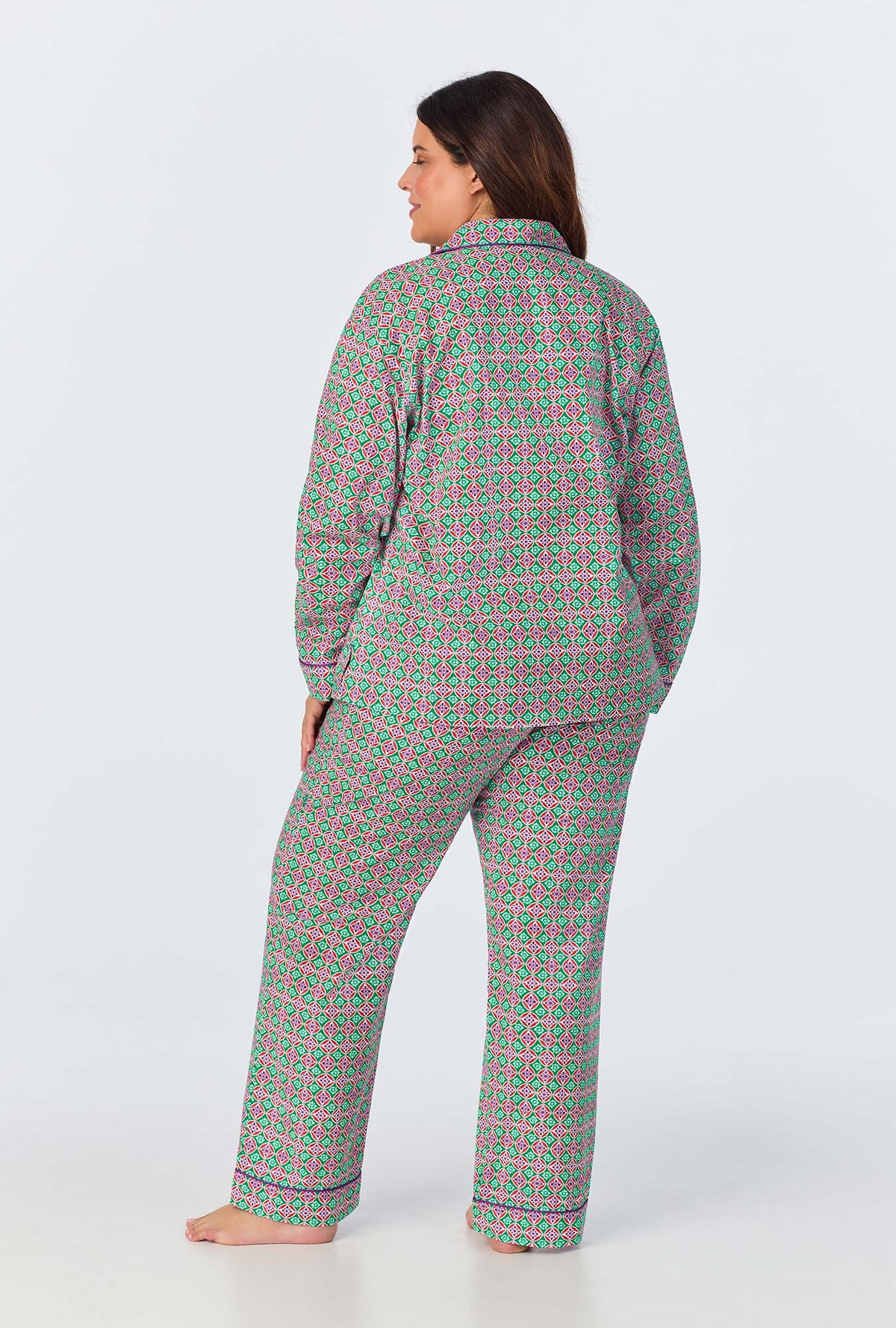 A lady wearing Wonderland Geo Long Sleeve Classic Woven Cotton Poplin Long PJ Set