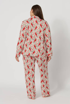 A lady wearing plus size Rifle Paper Co. x BedHead PJs Cardinals Long Sleeve Classic Stretch Jersey Pj Set back view