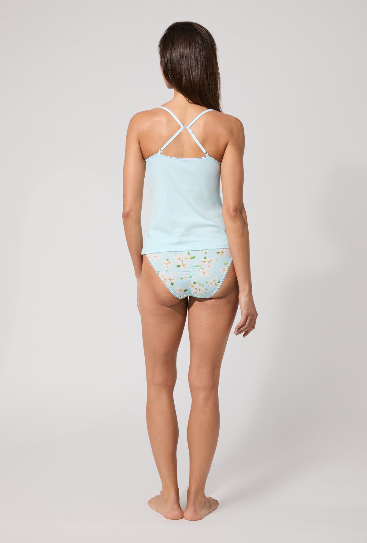 A lady wearing Bedhead Blue Stretch Jersey Cami