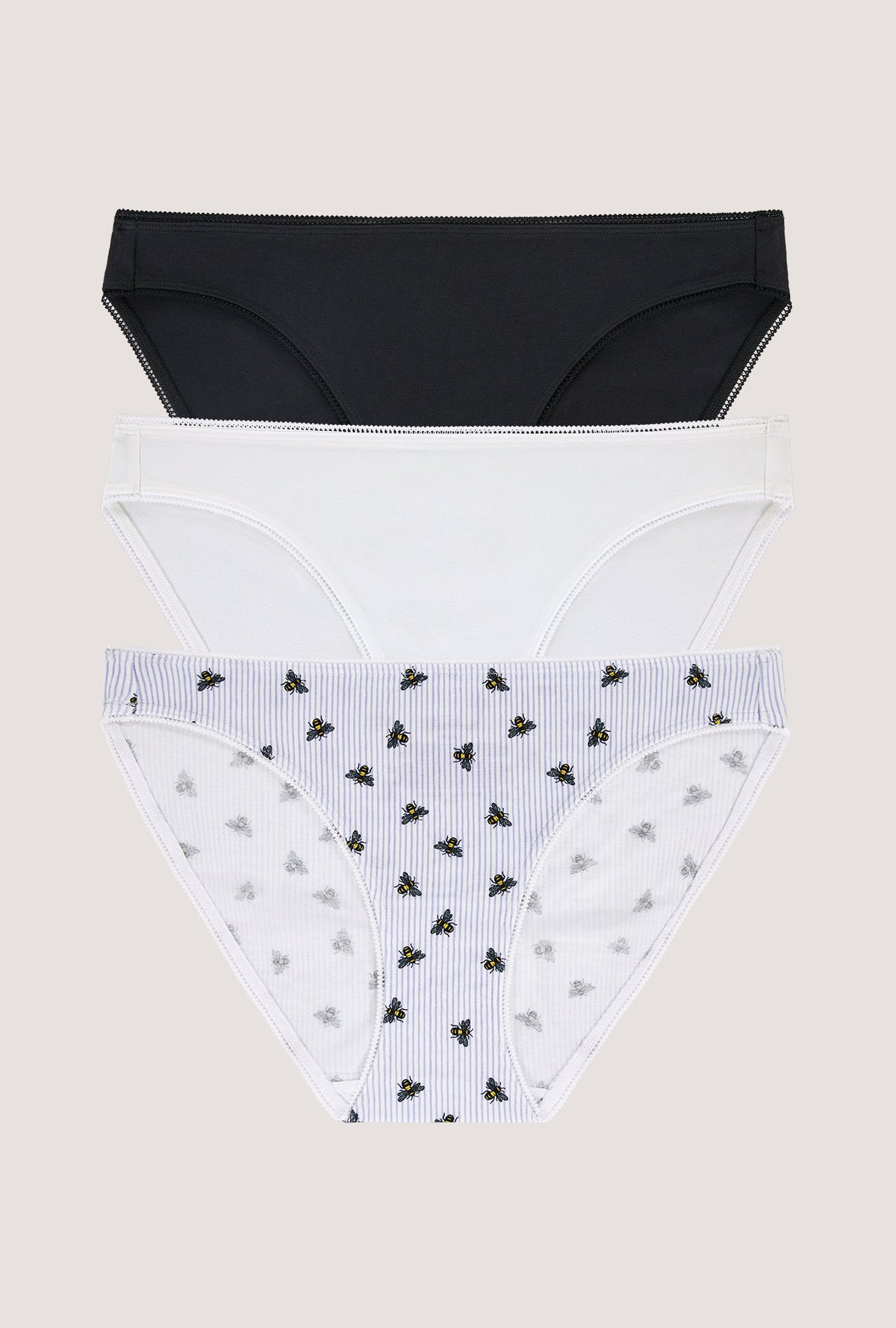 A Stretch Jersey Bikini Underwear 3 Pack in Black, White, Honey Bees