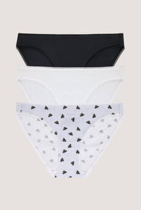 A Stretch Jersey Bikini Underwear 3 Pack in Black, White, Honey Bees