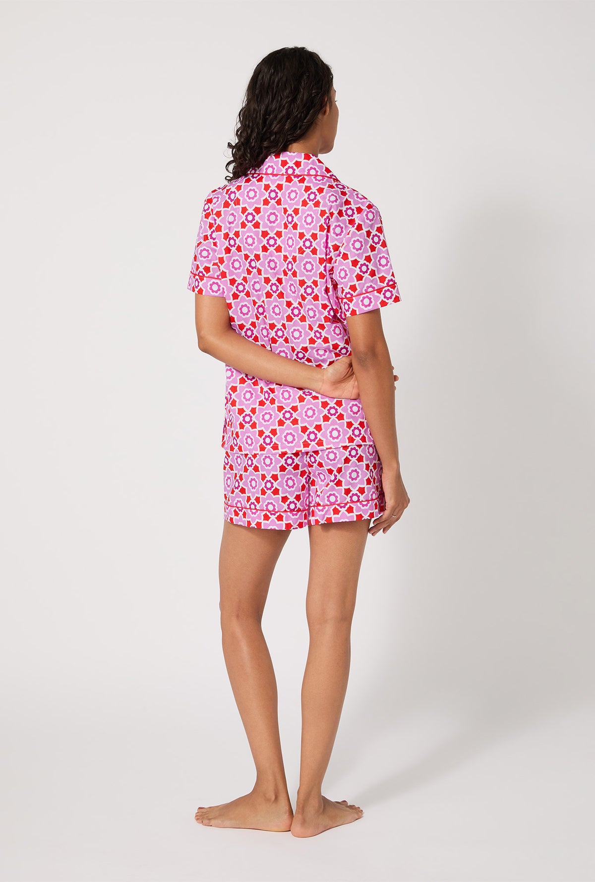 A lady wearing Mosaic Tile Short Sleeve Classic Shorty Woven Cotton Poplin PJ Set