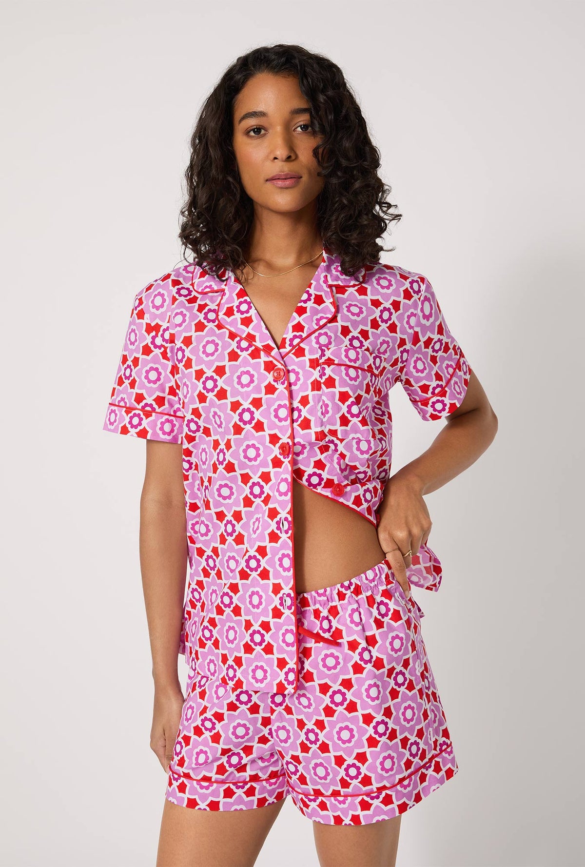 A lady wearing Mosaic Tile Short Sleeve Classic Shorty Woven Cotton Poplin PJ Set