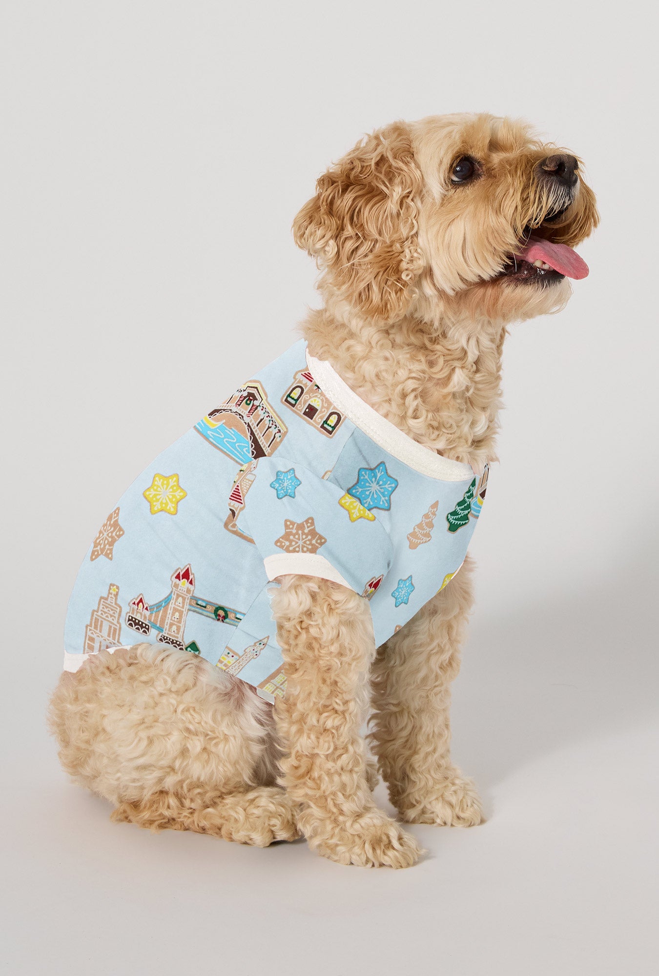 A Dog wearing Gingerbread City Stretch Jersey Dog Pajama