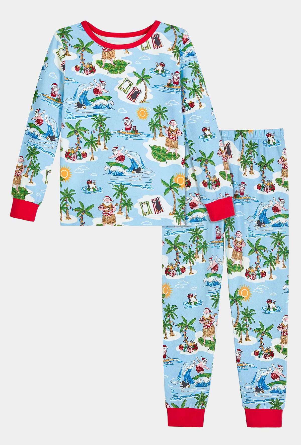A girl wearing Surfin&#39; Santa Long Sleeve Stretch Jersey Kids Pj Set