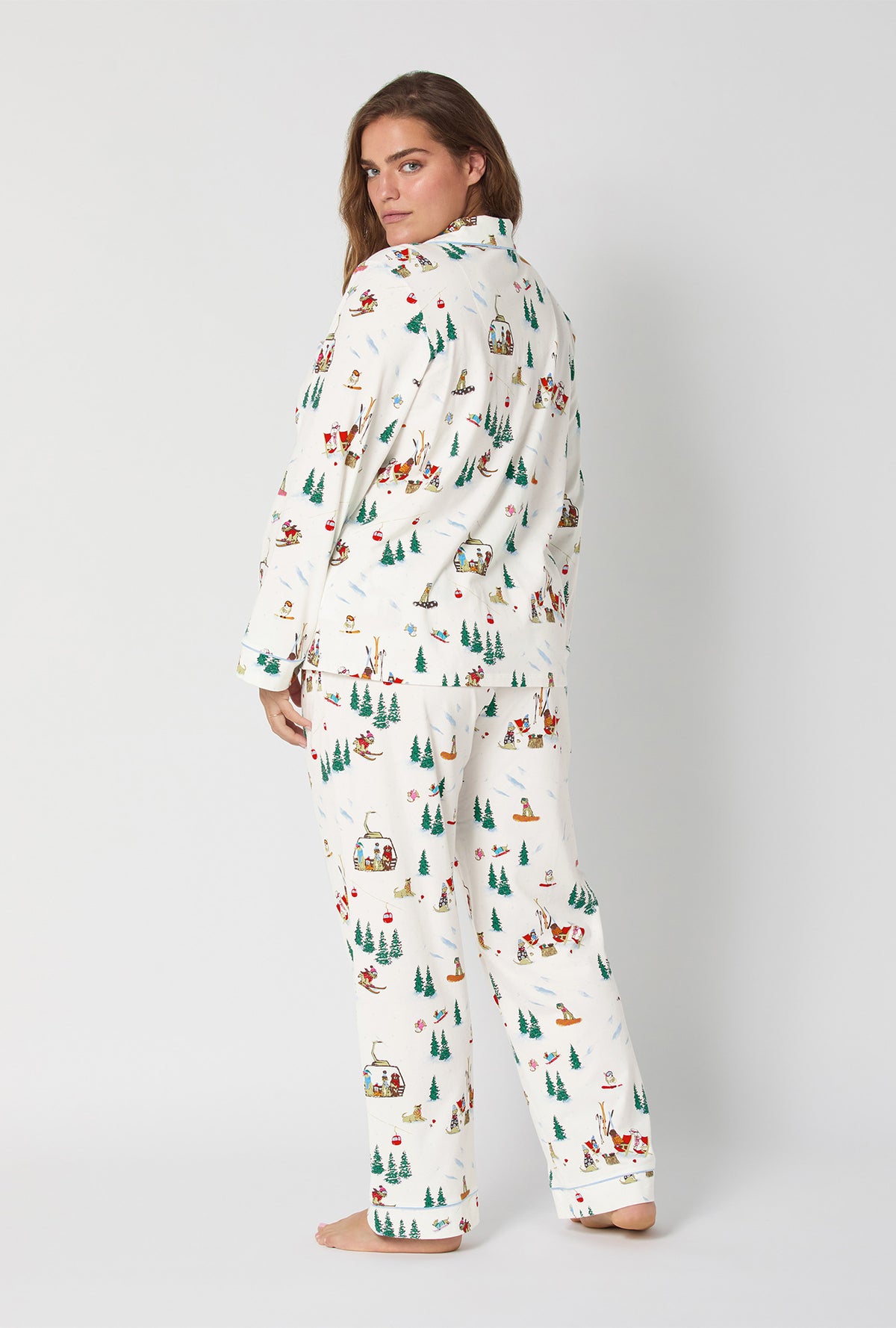 A lady wearing Ski Pups Long Sleeve Classic Stretch Jersey Pj Set