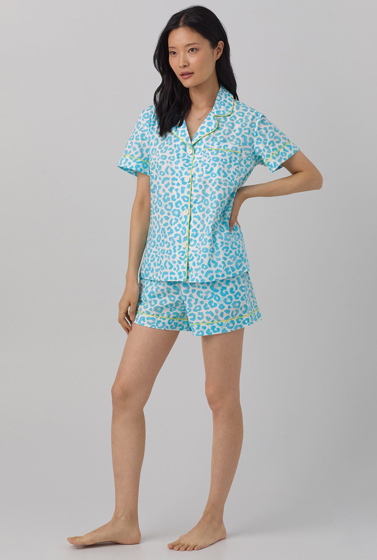 A lady wearing Short Sleeve Classic Shorty Woven Cotton Poplin PJ Set with sea bright animal