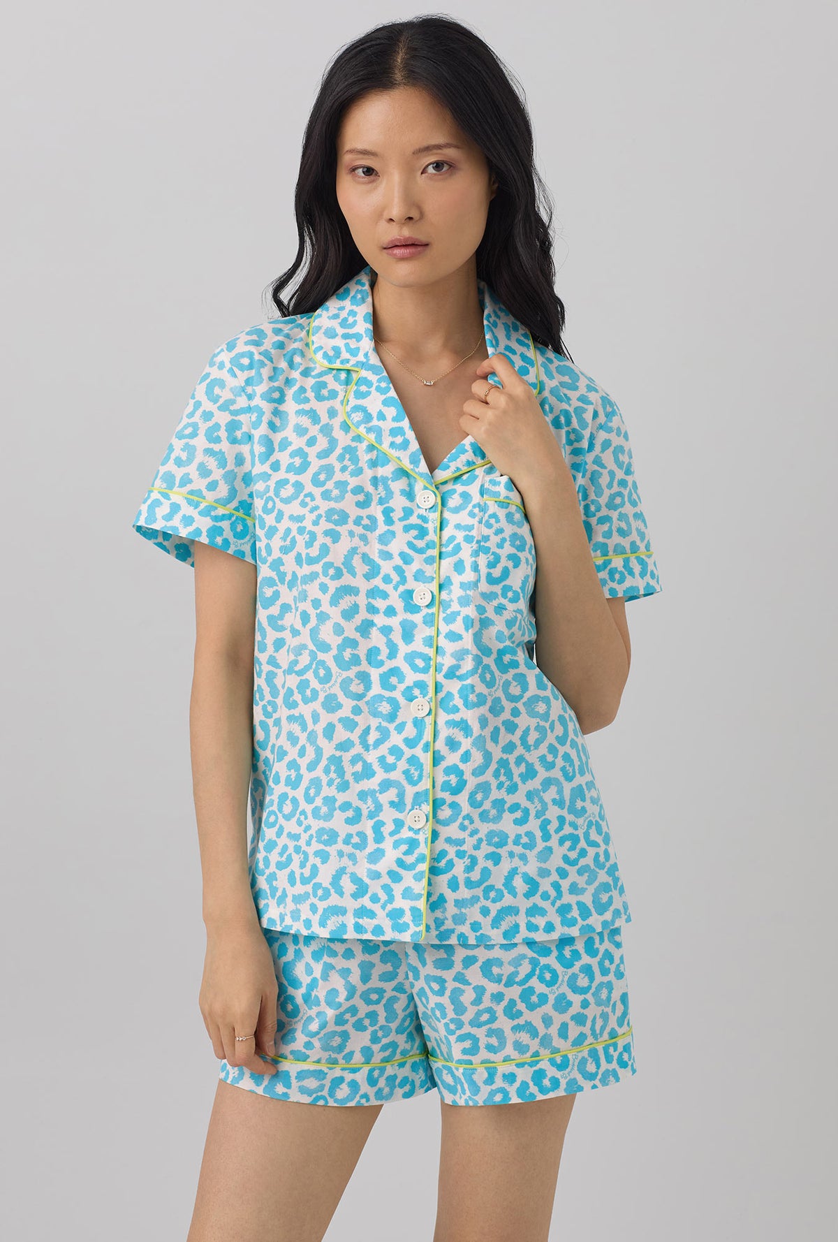 A lady wearing Short Sleeve Classic Shorty Woven Cotton Poplin PJ Set with sea bright animal