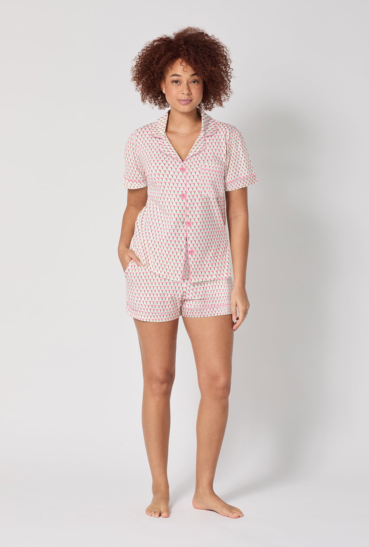 A lady wearing Blossom Geo Short Sleeve Classic Shorty Stretch Jersey Pj Set