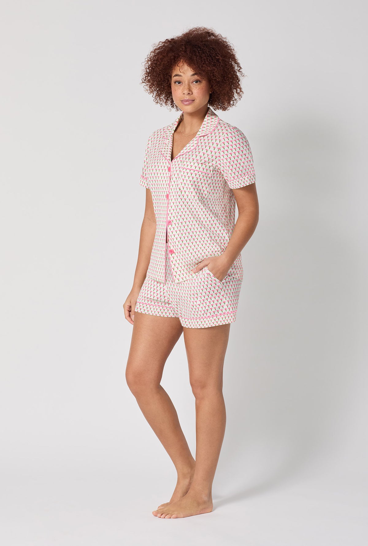 A lady wearing Blossom Geo Short Sleeve Classic Shorty Stretch Jersey Pj Set