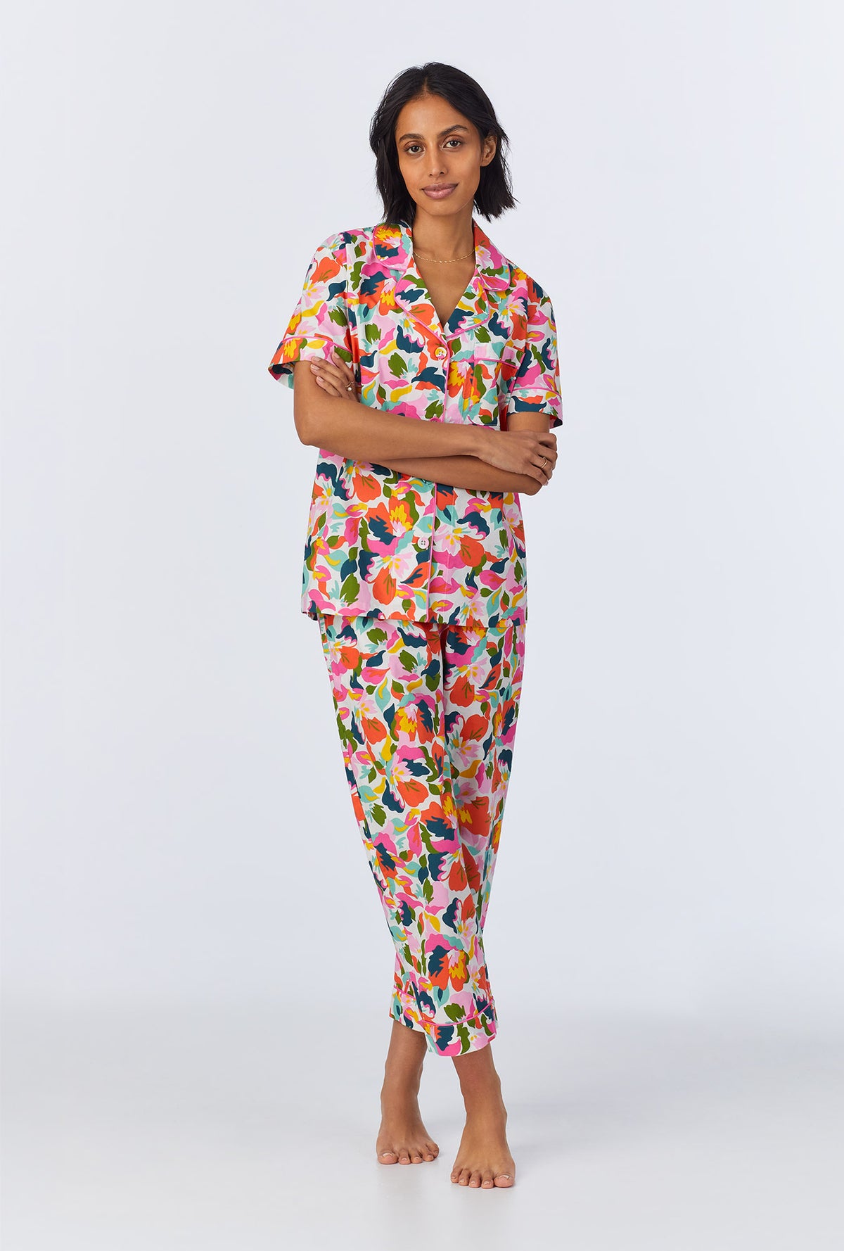 A lady wearing Lucia Short Sleeve Classic Woven Cotton Poplin Cropped PJ Set