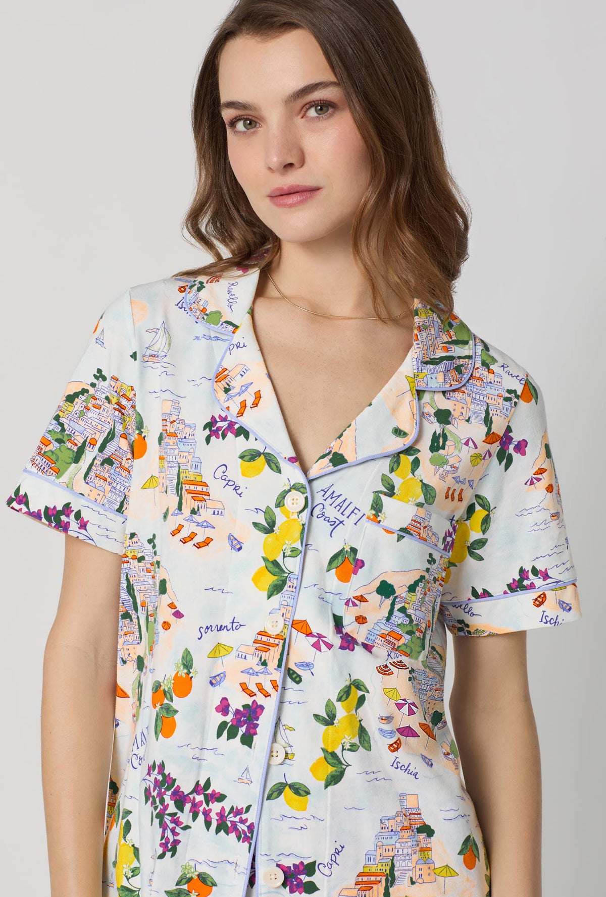 A closeup of A lady wearing Blue Short Sleeve Classic Stretch Jersey Cropped Pj Set