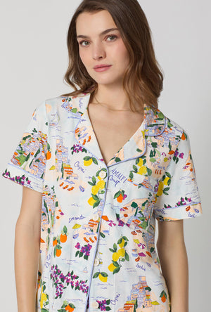 A closeup of A lady wearing Blue Short Sleeve Classic Stretch Jersey Cropped Pj Set