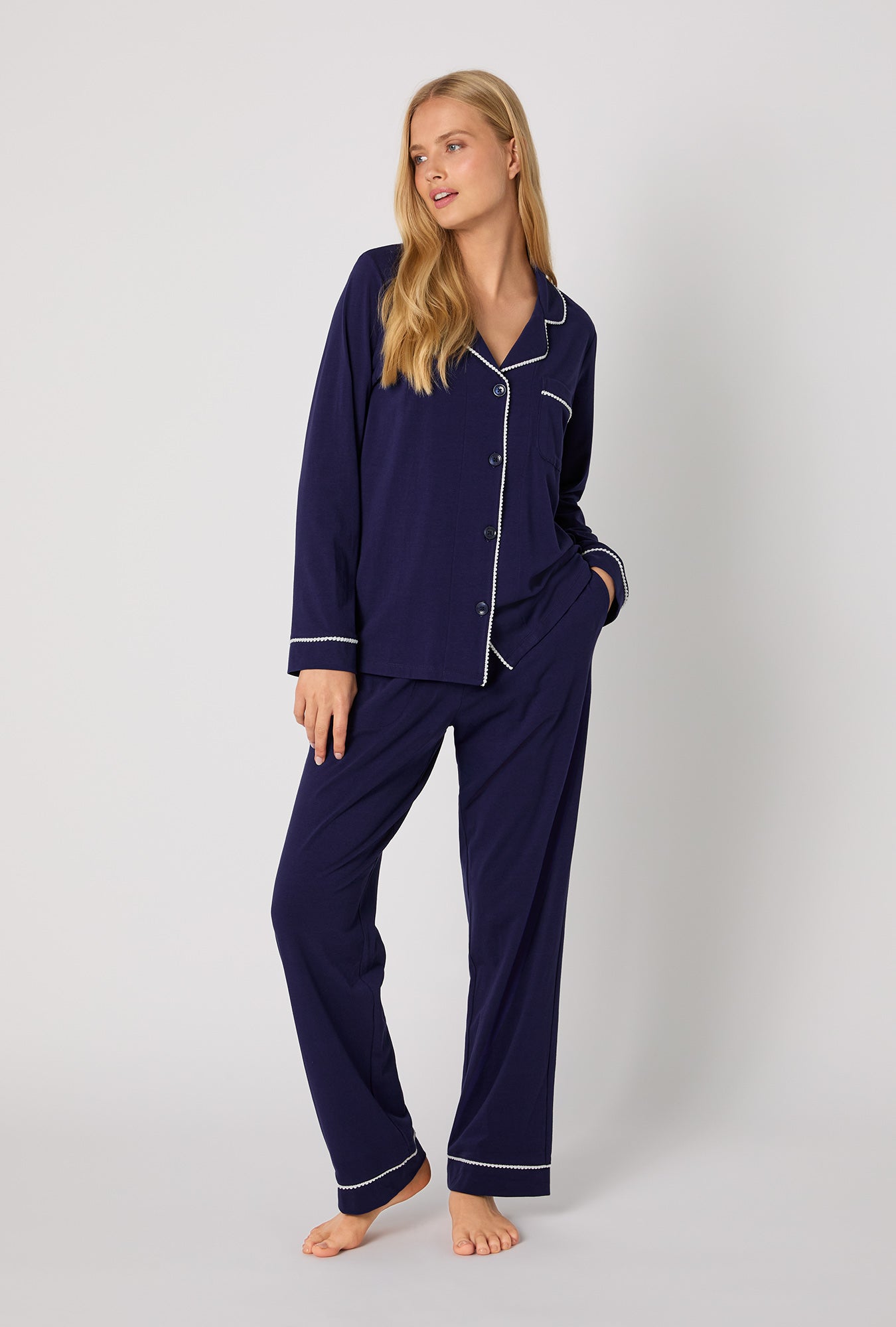 A lady wearing Midnight Navy Long Sleeve Classic Stretch Jersey Pj Set