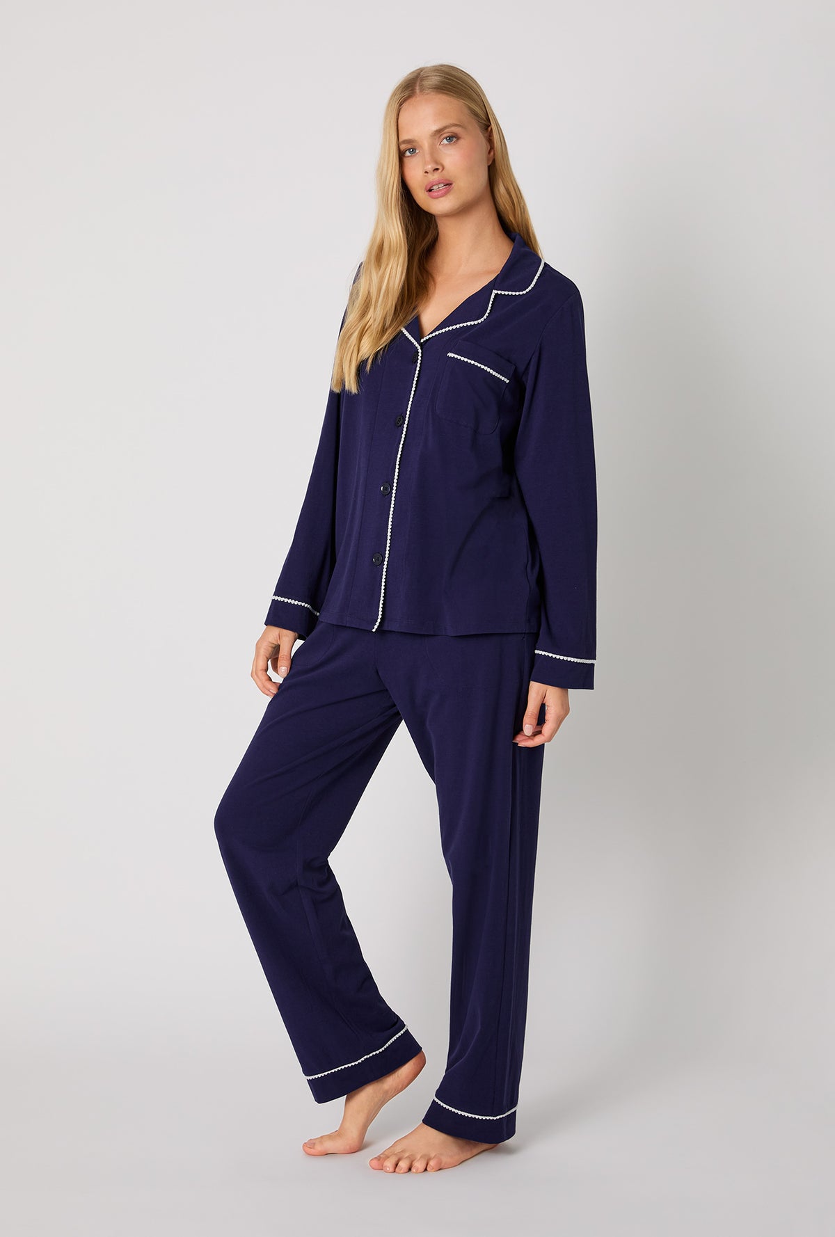 A lady wearing Midnight Navy Long Sleeve Classic Stretch Jersey Pj Set