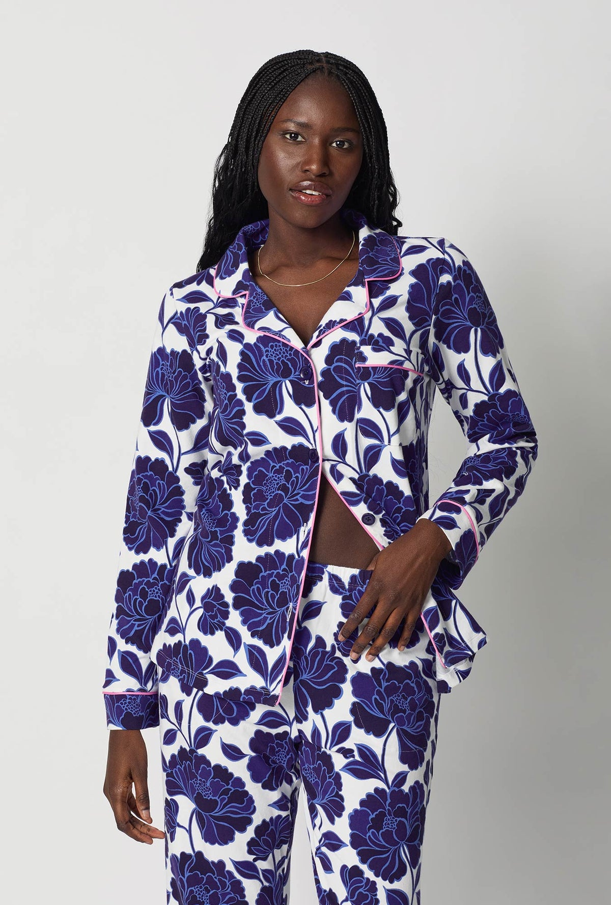 A closeup of A lady wearing Blue and  White Long Sleeve Classic Stretch Jersey Pj Set