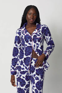 A closeup of A lady wearing Blue and  White Long Sleeve Classic Stretch Jersey Pj Set