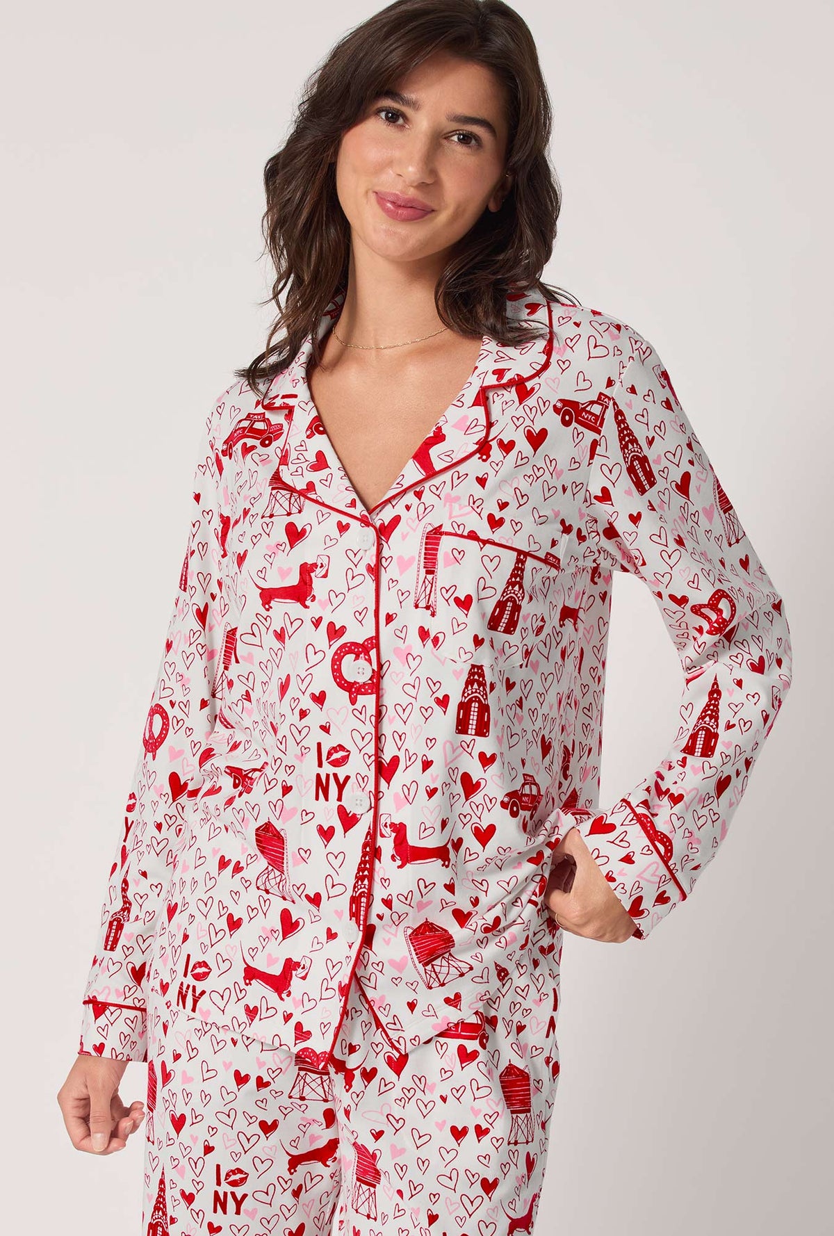 A lady wearing Heart Of The City Long Sleeve Classic Stretch Jersey Pj Set