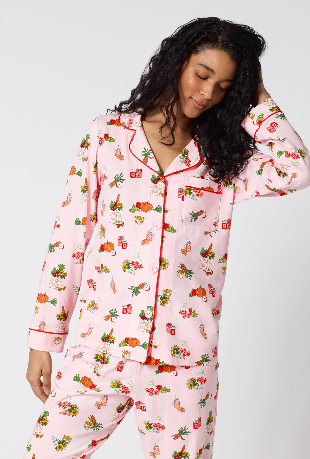 A lady wearing Farm Fresh Long Sleeve Classic Stretch Jersey Pj Set closer look