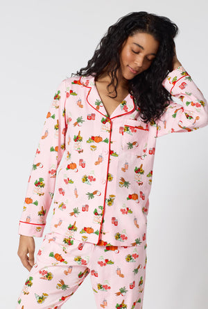 A lady wearing Farm Fresh Long Sleeve Classic Stretch Jersey Pj Set closer look
