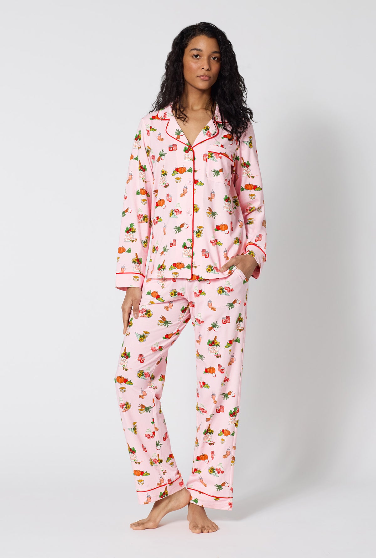 A lady wearing Farm Fresh Long Sleeve Classic Stretch Jersey Pj Set looking front