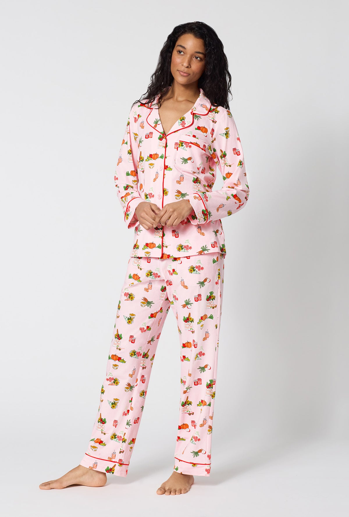 A lady wearing Farm Fresh Long Sleeve Classic Stretch Jersey Pj Set