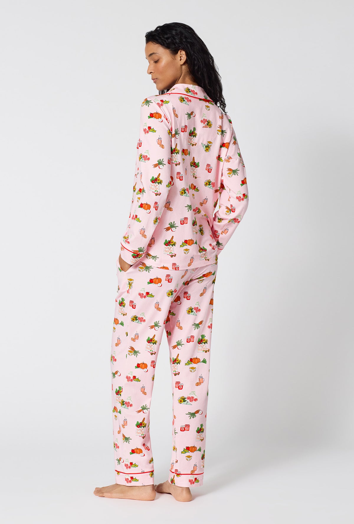 A lady wearing Farm Fresh Long Sleeve Classic Stretch Jersey Pj Set back view