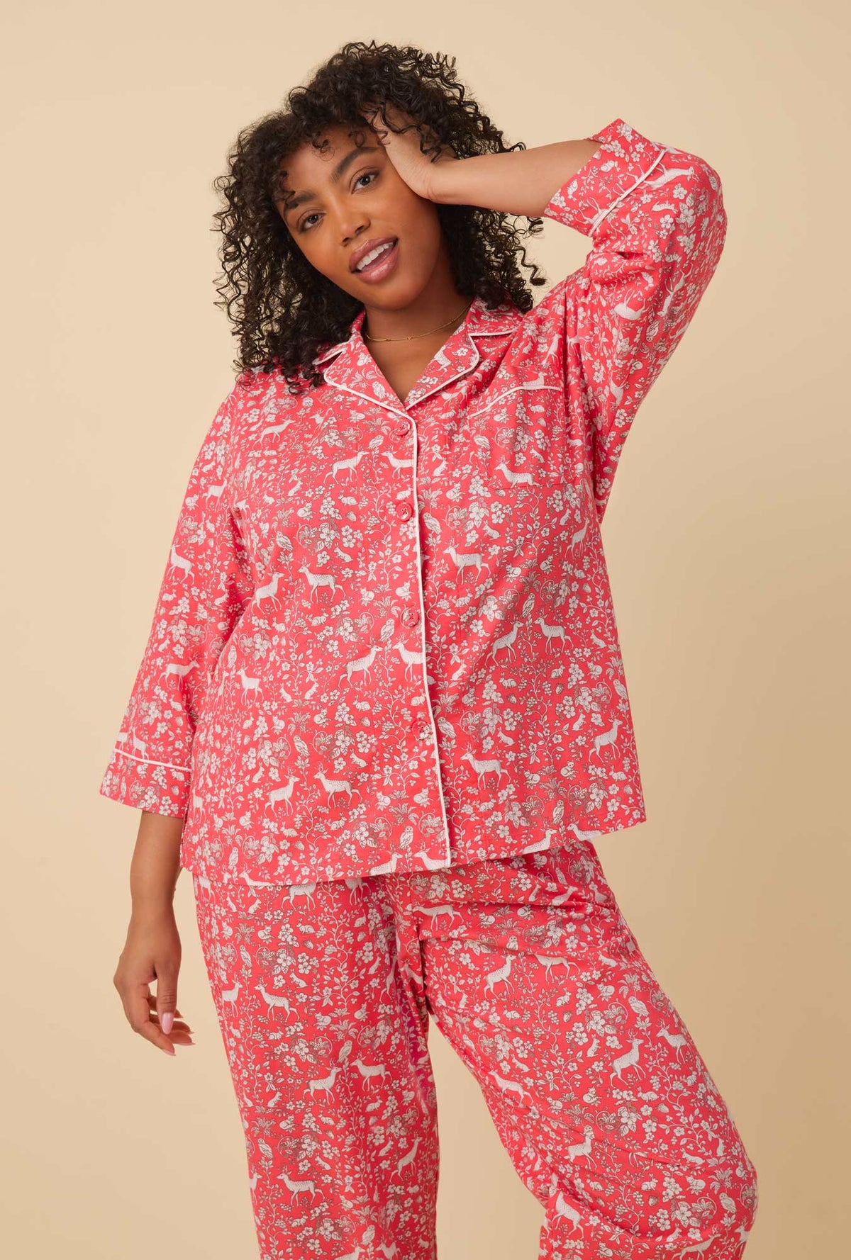 A lady wearing quarter Sleeve Classic Woven Cotton Cropped PJ Set with  Darling Deer print