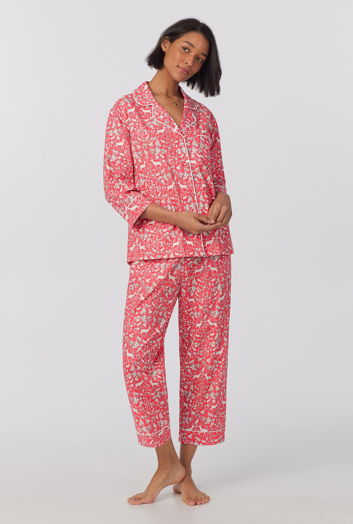 A lady wearing quarter Sleeve Classic Woven Cotton Cropped PJ Set with  Darling Deer print