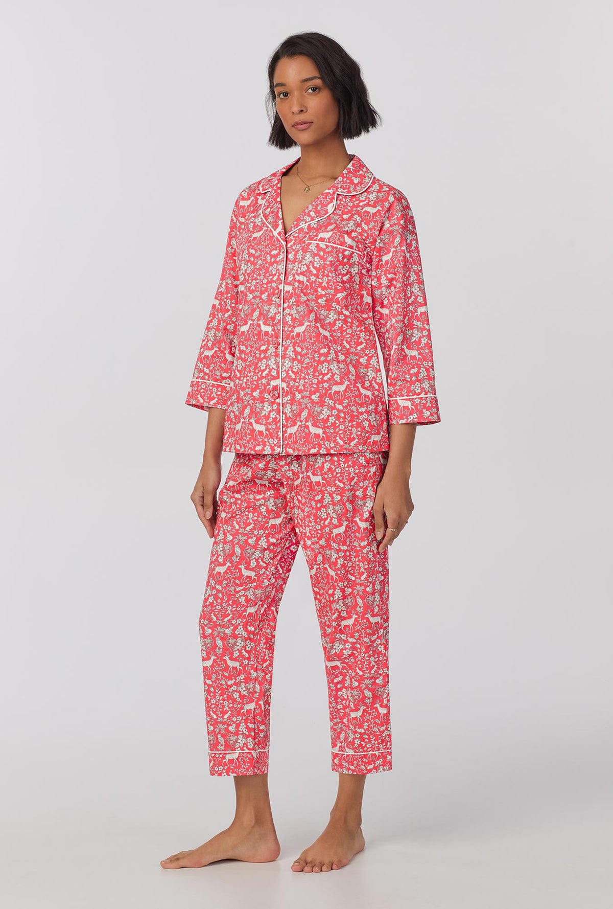 A lady wearing quarter Sleeve Classic Woven Cotton Cropped PJ Set with  Darling Deer print