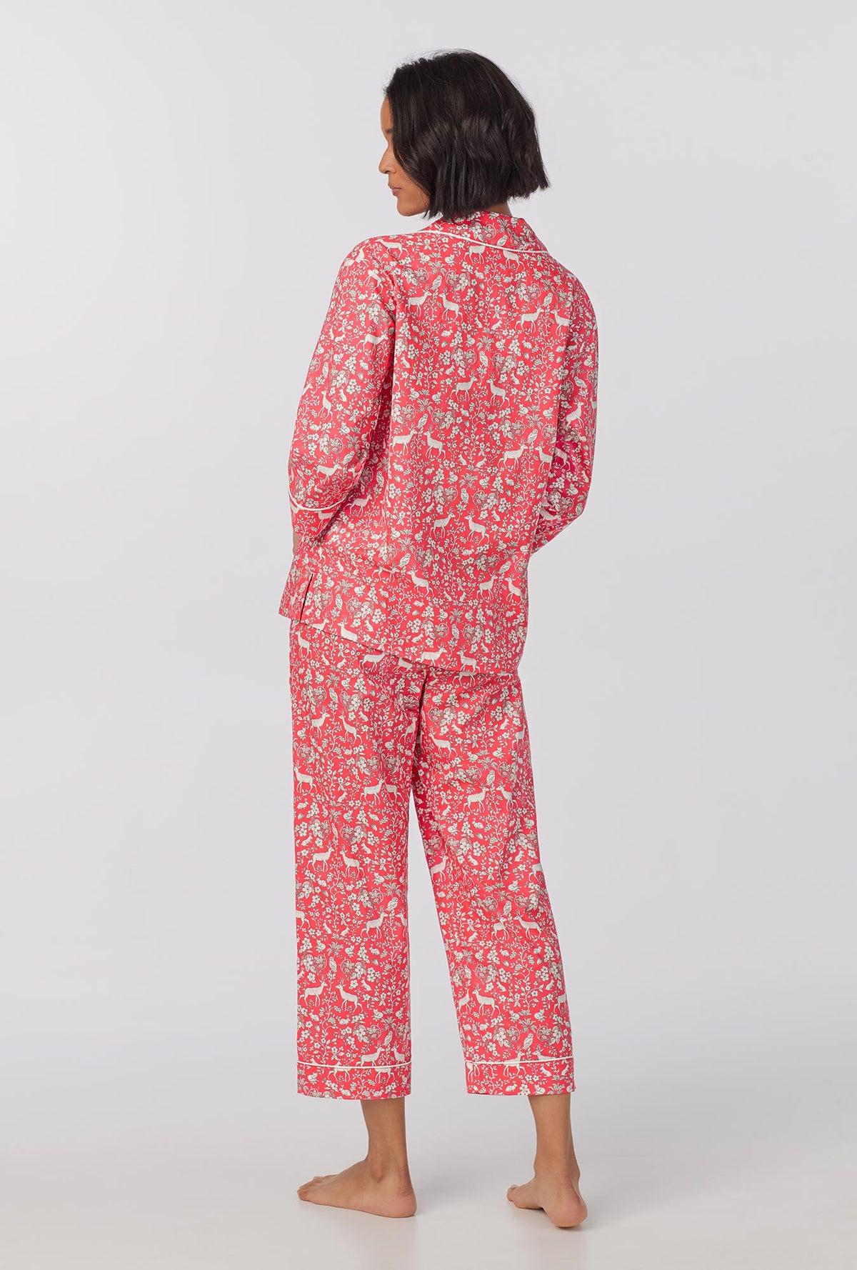 A lady wearing quarter Sleeve Classic Woven Cotton Cropped PJ Set with  Darling Deer print