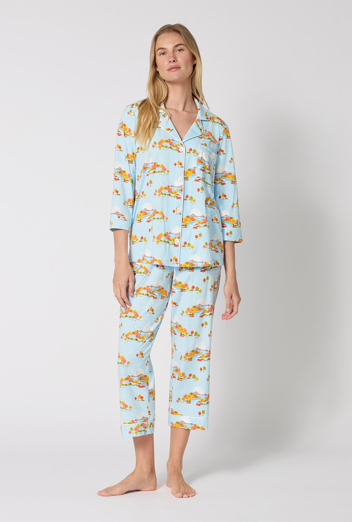 A lady wearing Twilight On The Hudson 3/4 Sleeve Classic Stretch Jersey Cropped Pj Set looking front