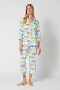 A lady wearing Twilight On The Hudson 3/4 Sleeve Classic Stretch Jersey Cropped Pj Set looking front